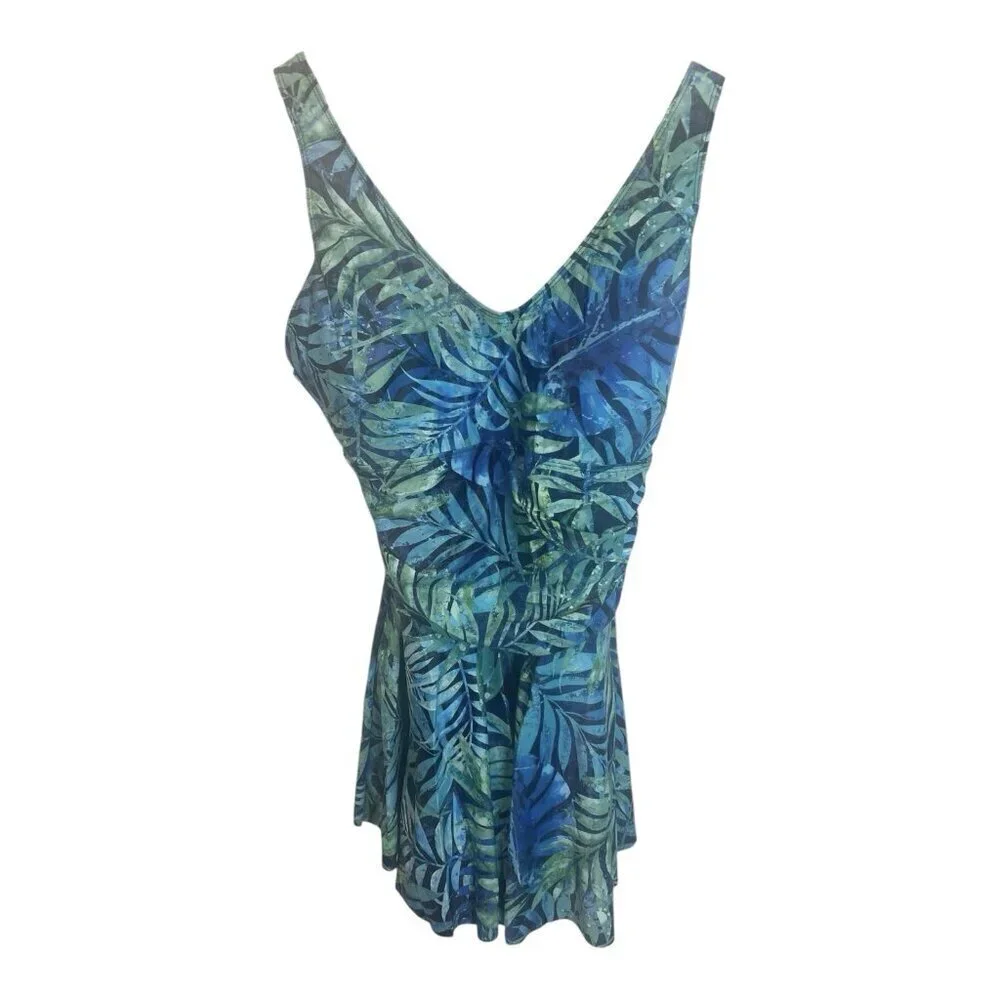 Yonique Ruched Detailing Removable Padded Long Swimsuit Large Skirt Blue Leaves